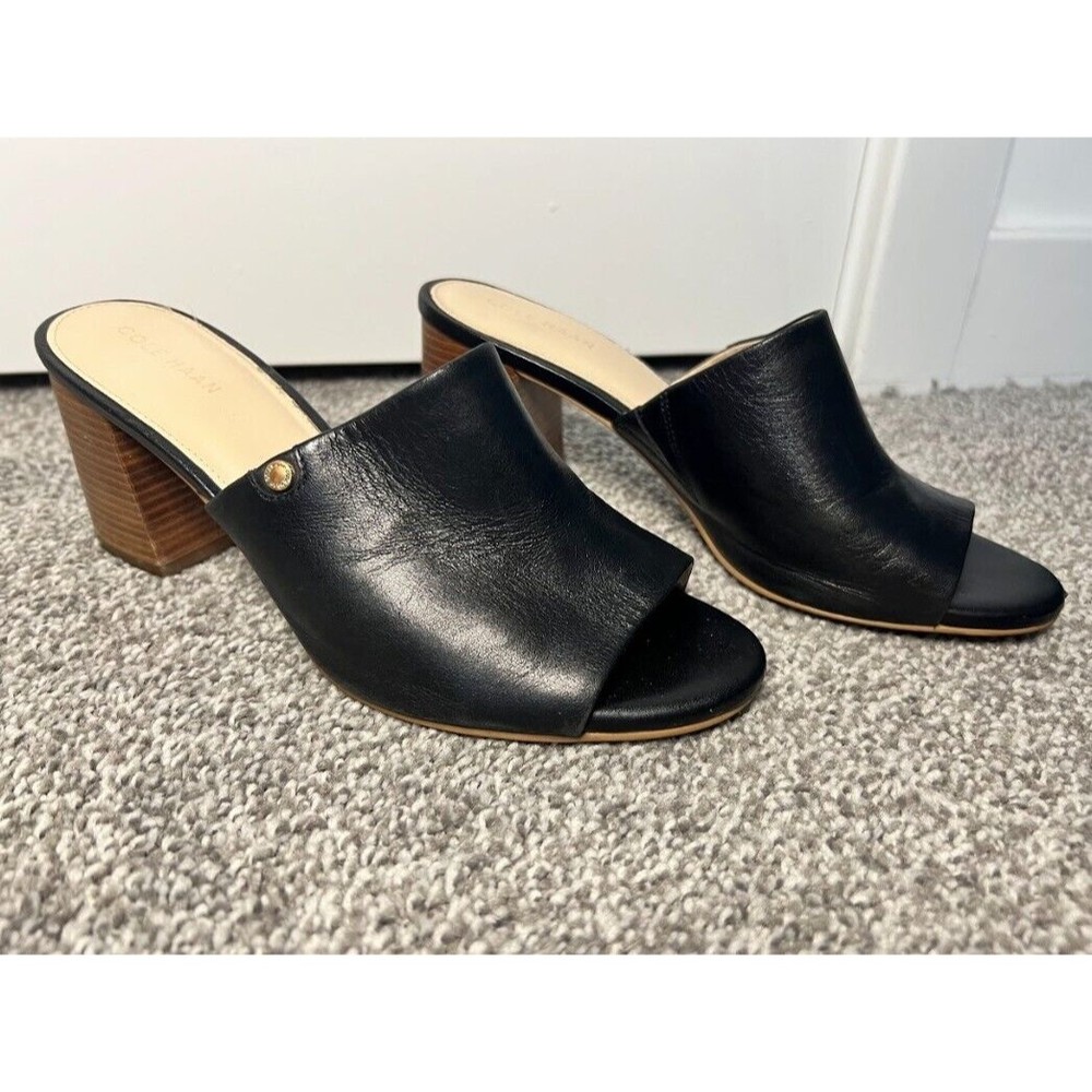 Cole Haan Daina Stacked Chunky Heel Mules Open Toes Leather Casual Modern Size 7